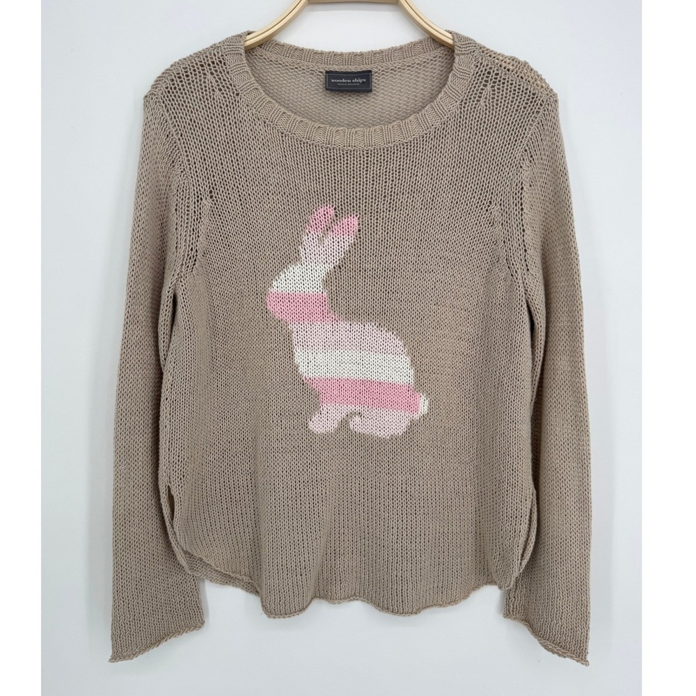 Wooden Ships Bunny Sweater XS/S Tan Pink Knit Boho Lightweight Coastal Casual